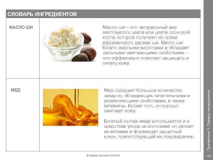 СЛОВАРЬ ИНГРЕДИЕНТОВ МЕД Масло ши – это натуральный жир желтоватого цвета или цвета слоновой