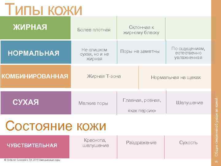 Типы кожи НОРМАЛЬНАЯ КОМБИНИРОВАННАЯ СУХАЯ Более плотная Склонная к жирному блеску Не слишком сухая,