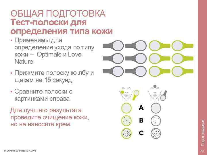 ОБЩАЯ ПОДГОТОВКА Тест-полоски для определения типа кожи Применимы для определения ухода по типу кожи