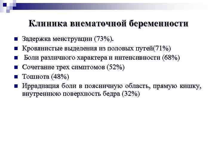 Клиника внематочной беременности n n n Задержка менструации (73%). Кровянистые выделения из половых путей(71%)