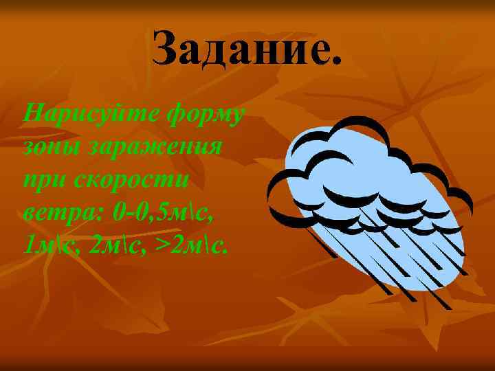 Задание. Нарисуйте форму зоны заражения при скорости ветра: 0 -0, 5 мс, 1 мс,