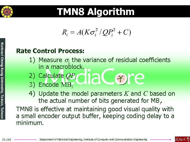 TMN 8 Algorithm National Cheng Kung University, Tainan, Taiwan 13 -106 Rate Control Process: