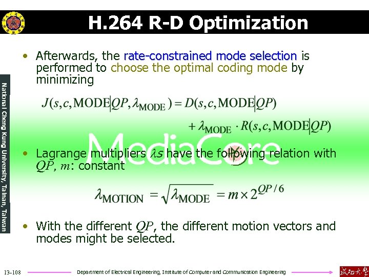 H. 264 R-D Optimization National Cheng Kung University, Tainan, Taiwan 13 -108 • Afterwards,