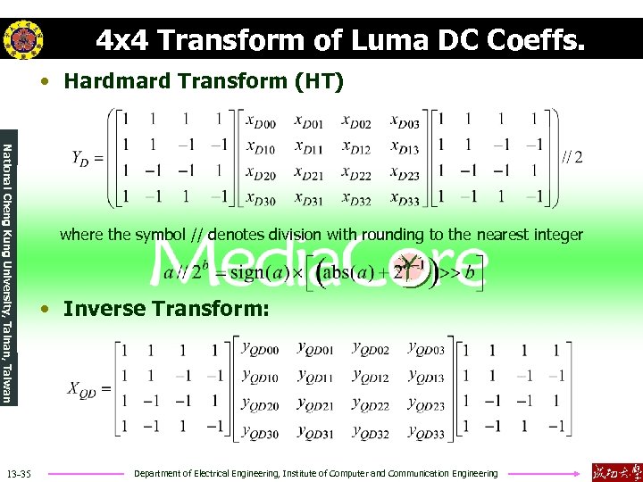 4 x 4 Transform of Luma DC Coeffs. • Hardmard Transform (HT) National Cheng