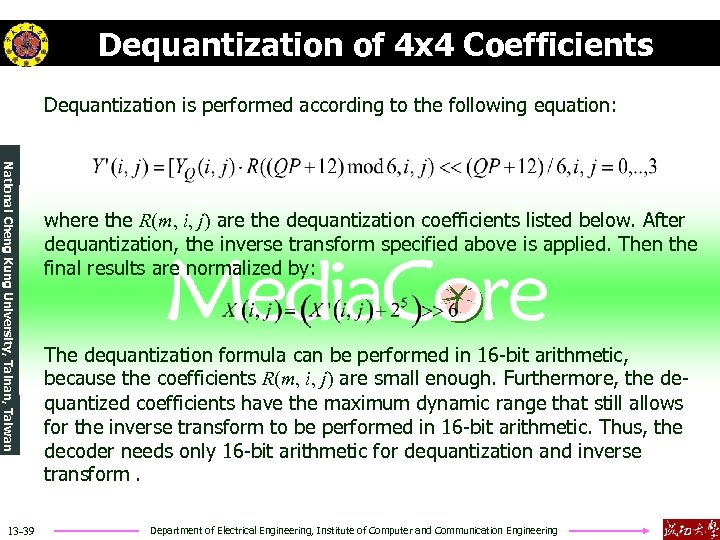 Dequantization of 4 x 4 Coefficients Dequantization is performed according to the following equation: