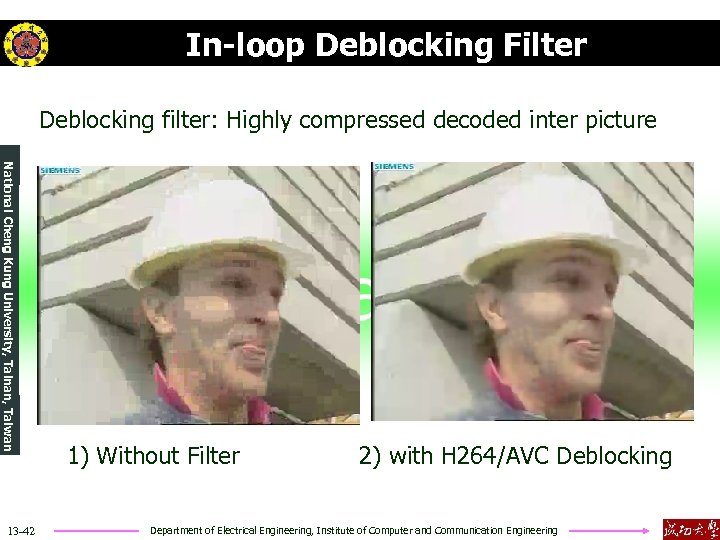 In-loop Deblocking Filter Deblocking filter: Highly compressed decoded inter picture National Cheng Kung University,