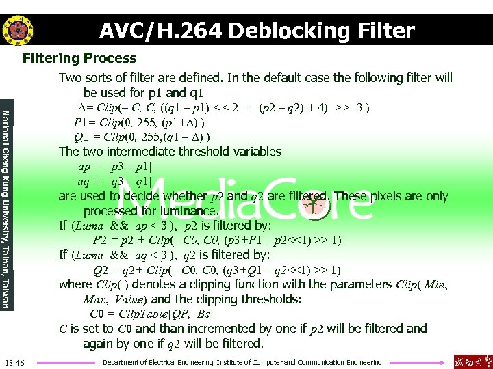 AVC/H. 264 Deblocking Filtering Process National Cheng Kung University, Tainan, Taiwan 13 -46 Two