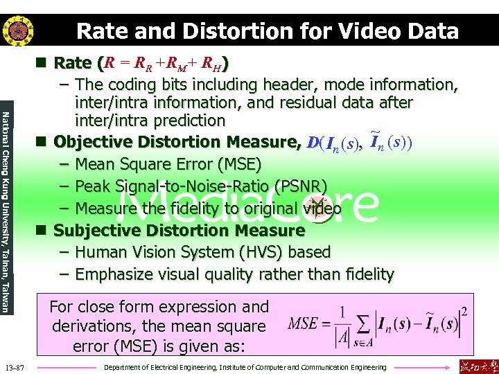 Rate and Distortion for Video Data National Cheng Kung University, Tainan, Taiwan 13 -87