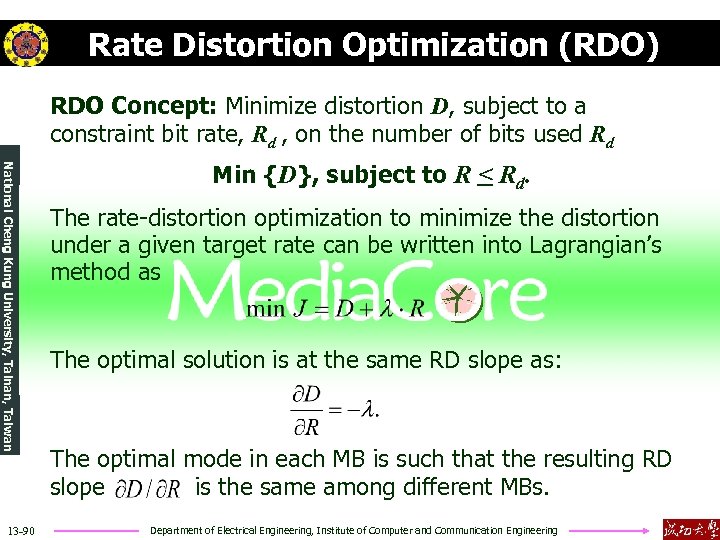 Rate Distortion Optimization (RDO) RDO Concept: Minimize distortion D, subject to a constraint bit