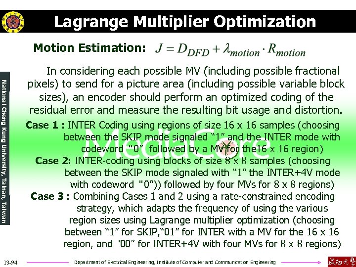 Lagrange Multiplier Optimization Motion Estimation: National Cheng Kung University, Tainan, Taiwan 13 -94 In