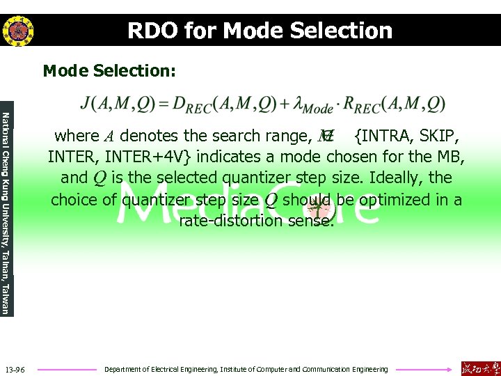 RDO for Mode Selection: National Cheng Kung University, Tainan, Taiwan 13 -96 where A