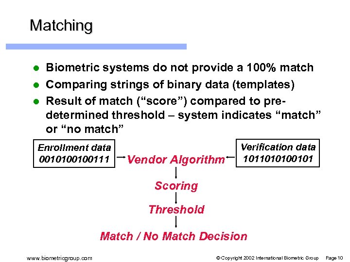 Matching Biometric systems do not provide a 100% match l Comparing strings of binary