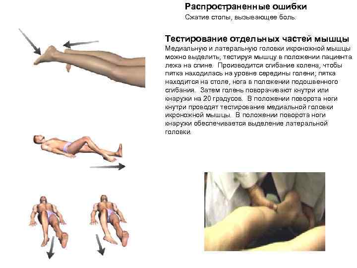 Распространенные ошибки Сжатие стопы, вызывающее боль. Тестирование отдельных частей мышцы Медиальную и латеральную головки