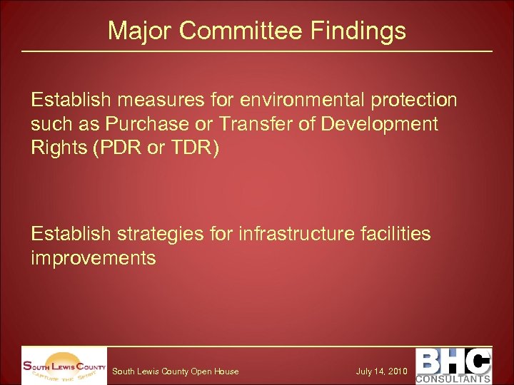 Major Committee Findings Establish measures for environmental protection such as Purchase or Transfer of