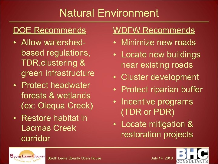 Natural Environment DOE Recommends • Allow watershedbased regulations, TDR, clustering & green infrastructure •