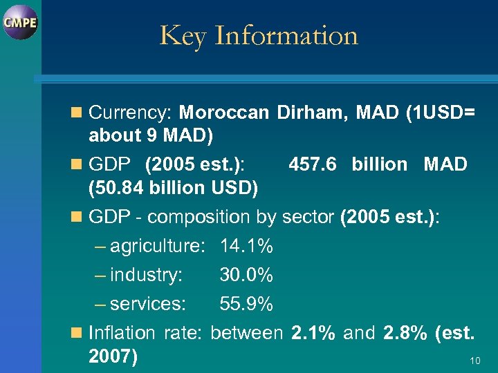 Key Information n Currency: Moroccan Dirham, MAD (1 USD= about 9 MAD) n GDP