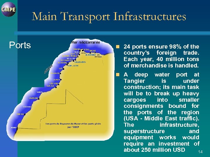 Main Transport Infrastructures Ports n 24 ports ensure 98% of the country's foreign trade.