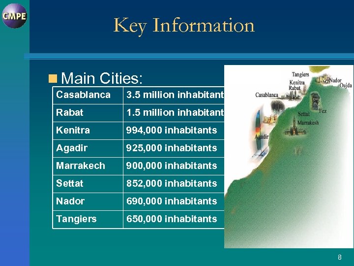 Key Information n Main Cities: Casablanca 3. 5 million inhabitants Rabat 1. 5 million