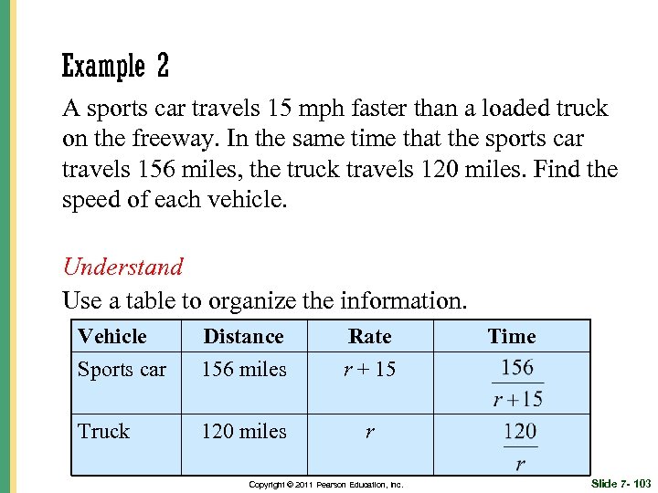 Example 2 A sports car travels 15 mph faster than a loaded truck on