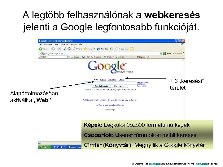 A legtöbb felhasználónak a webkeresés jelenti a Google legfontosabb funkcióját. Alapértelmezésben aktivált a „Web”