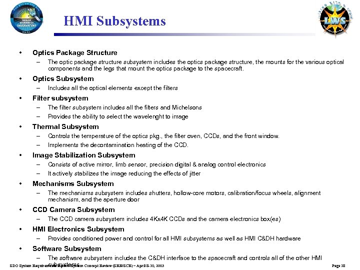 HMI Subsystems • Optics Package Structure – • Optics Subsystem – • The CCD