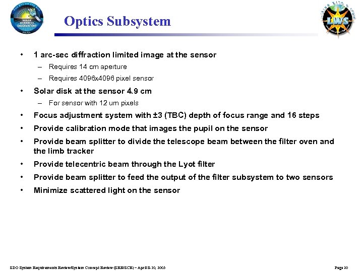 Optics Subsystem • 1 arc-sec diffraction limited image at the sensor – Requires 14