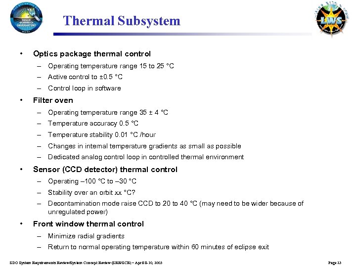 Thermal Subsystem • Optics package thermal control – Operating temperature range 15 to 25