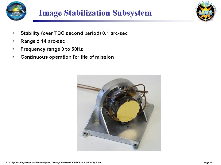 Image Stabilization Subsystem • Stability (over TBC second period) 0. 1 arc-sec • Range