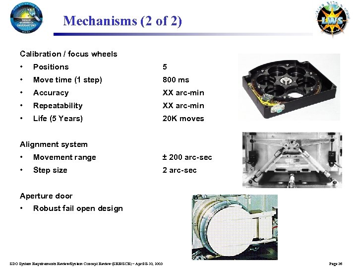 Mechanisms (2 of 2) Calibration / focus wheels • Positions 5 • Move time
