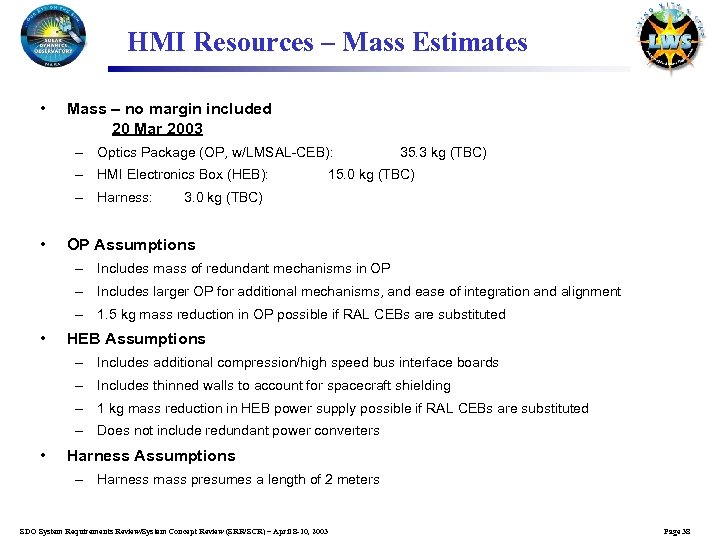 HMI Resources – Mass Estimates • Mass – no margin included 20 Mar 2003