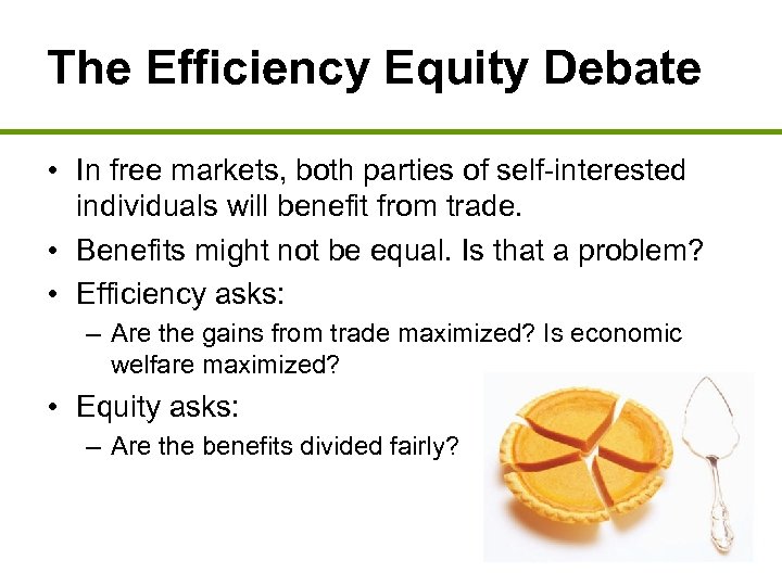 The Efficiency Equity Debate • In free markets, both parties of self-interested individuals will