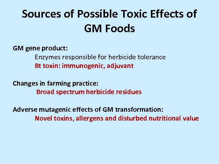 Sources of Possible Toxic Effects of GM Foods GM gene product: Enzymes responsible for