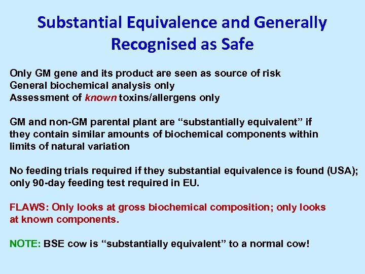 Substantial Equivalence and Generally Recognised as Safe Only GM gene and its product are