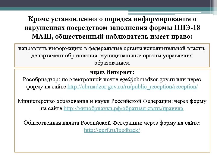 Кроме установленного порядка информирования о нарушениях посредством заполнения формы ППЭ-18 МАШ, общественный наблюдатель имеет