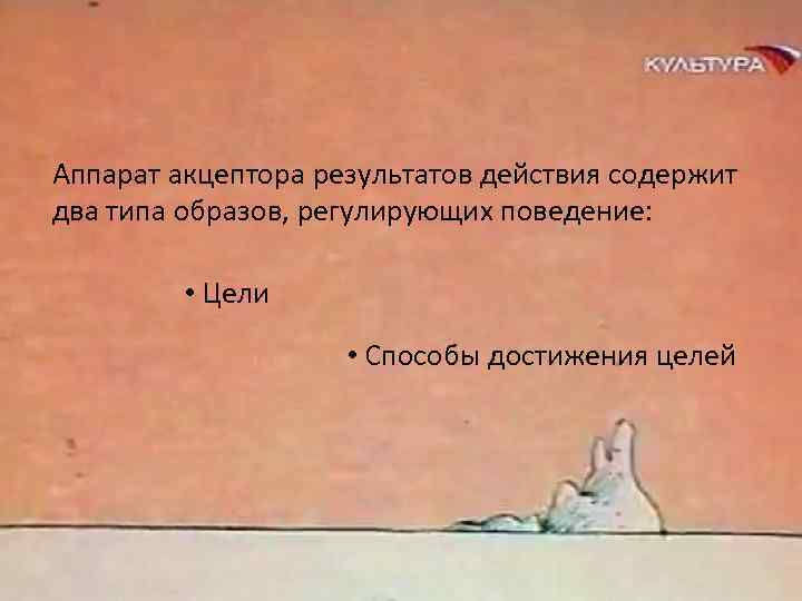 Аппарат акцептора результатов действия содержит два типа образов, регулирующих поведение: • Цели • Способы