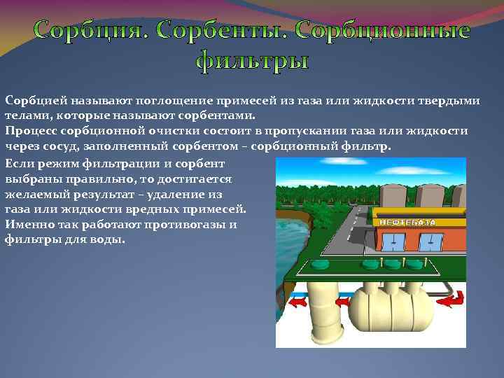 Сорбцией называют поглощение примесей из газа или жидкости твердыми телами, которые называют сорбентами. Процесс