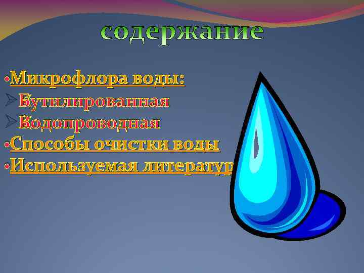  • Микрофлора воды: ØБутилированная ØВодопроводная • Способы очистки воды • Используемая литература 