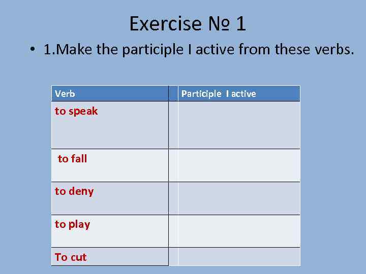 Exercise № 1 • 1. Make the participle I active from these verbs. Verb