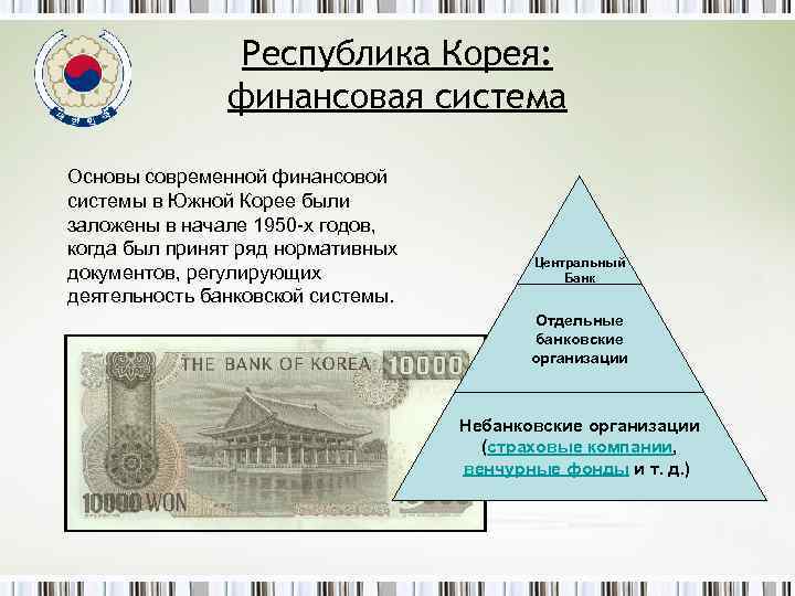 Республика Корея: финансовая система Основы современной финансовой системы в Южной Корее были заложены в