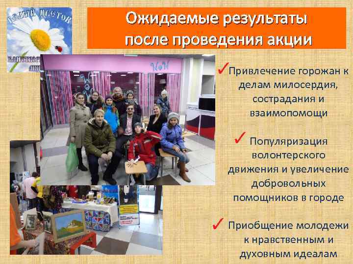 Ожидаемые результаты после проведения акции Привлечение горожан к делам милосердия, сострадания и взаимопомощи Популяризация