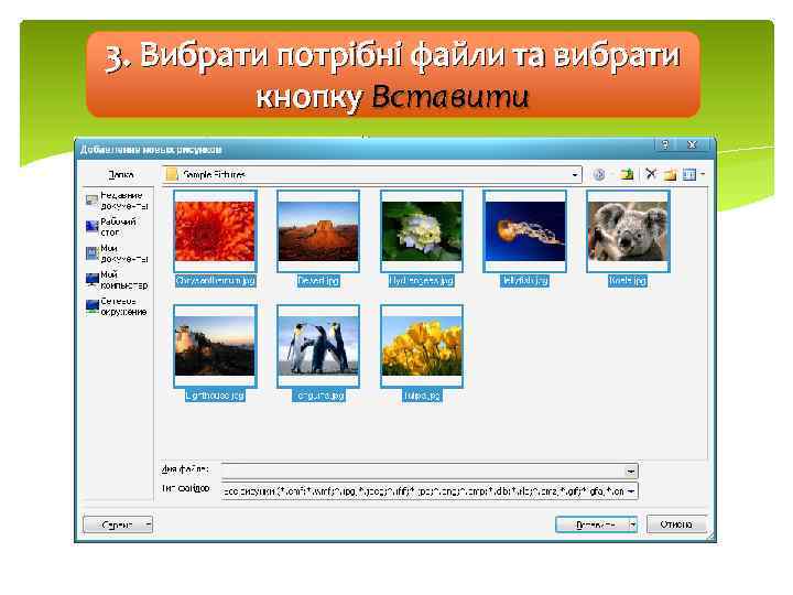 3. Вибрати потрібні файли та вибрати кнопку Вставити 