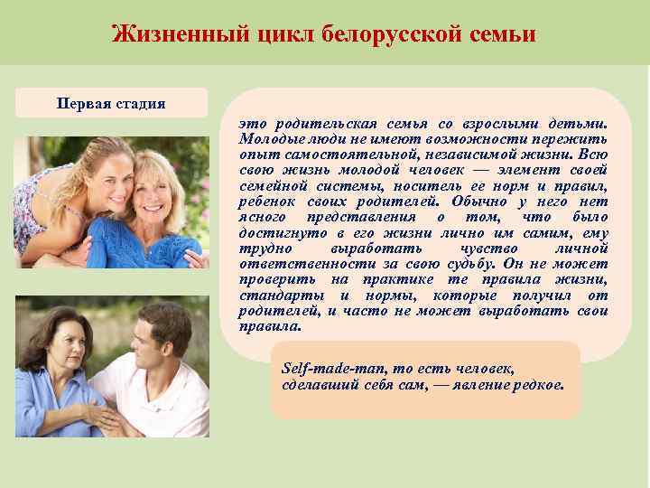 Жизненный цикл белорусской семьи Первая стадия это родительская семья со взрослыми детьми. Молодые люди