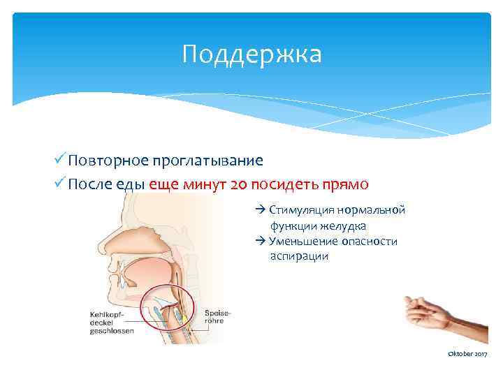 Поддержка ü Повторное проглатывание ü После еды еще минут 20 посидеть прямо Стимуляция нормальной