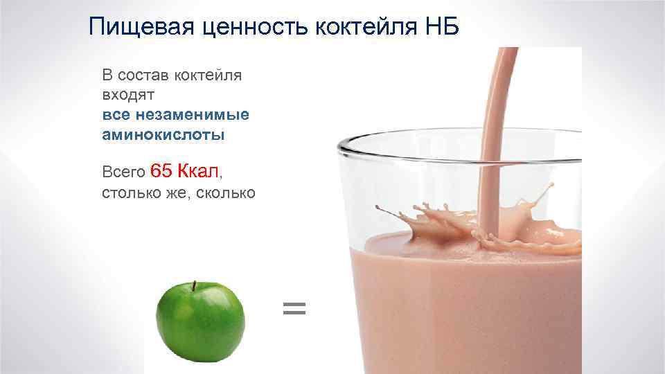 Пищевая ценность коктейля НБ В состав коктейля входят все незаменимые аминокислоты Всего 65 Ккал,