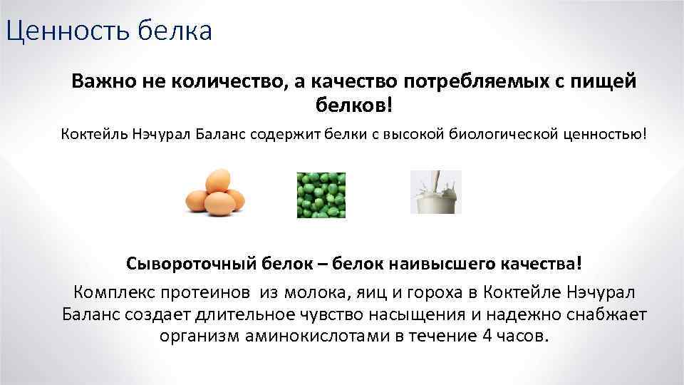 Ценность белка Важно не количество, а качество потребляемых с пищей белков! Коктейль Нэчурал Баланс