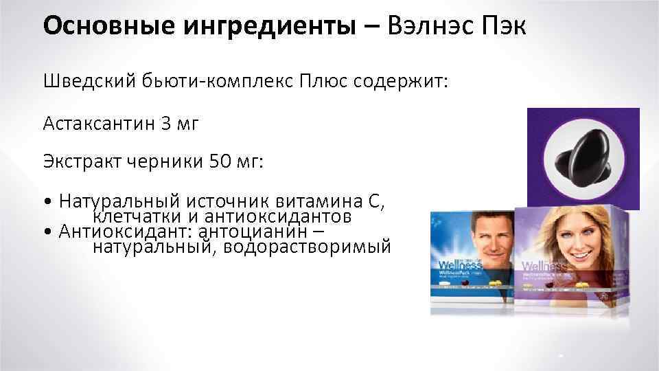 Основные ингредиенты – Вэлнэс Пэк Шведский бьюти-комплекс Плюс содержит: Астаксантин 3 мг Экстракт черники