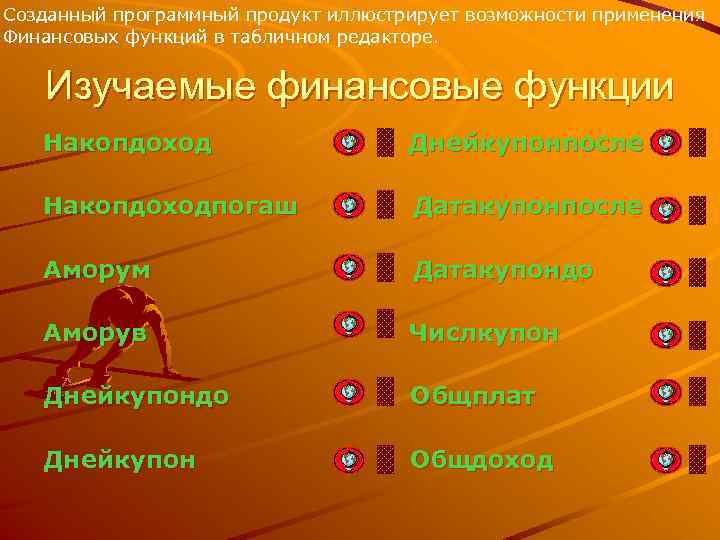 Созданный программный продукт иллюстрирует возможности применения Финансовых функций в табличном редакторе. Изучаемые финансовые функции