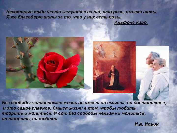 Некоторые люди часто жалуются на то, что розы имеют шипы. Я же благодарю шипы