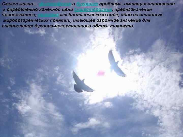 Смысл жизни— философская и духовная проблема, имеющая отношение к определению конечной цели существования, предназначения