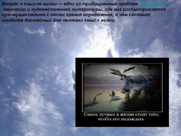 Вопрос о смысле жизни — одна из традиционных проблем философии, теологии и художественной литературы,